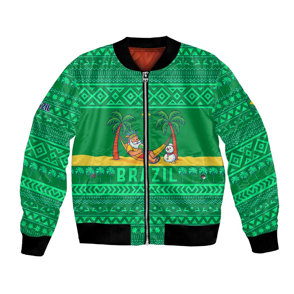 Brazil Christmas Bomber Jacket with Santa Relaxing in Hammock Palm Trees Snowman and Tribal Pattern Design - Wonder Print Shop
