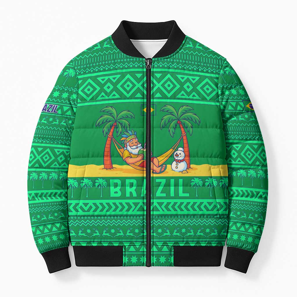 Brazil Christmas Bomber Puffer Jacket with Santa Relaxing in Hammock Palm Trees Snowman and Tribal Pattern Design - Wonder Print Shop