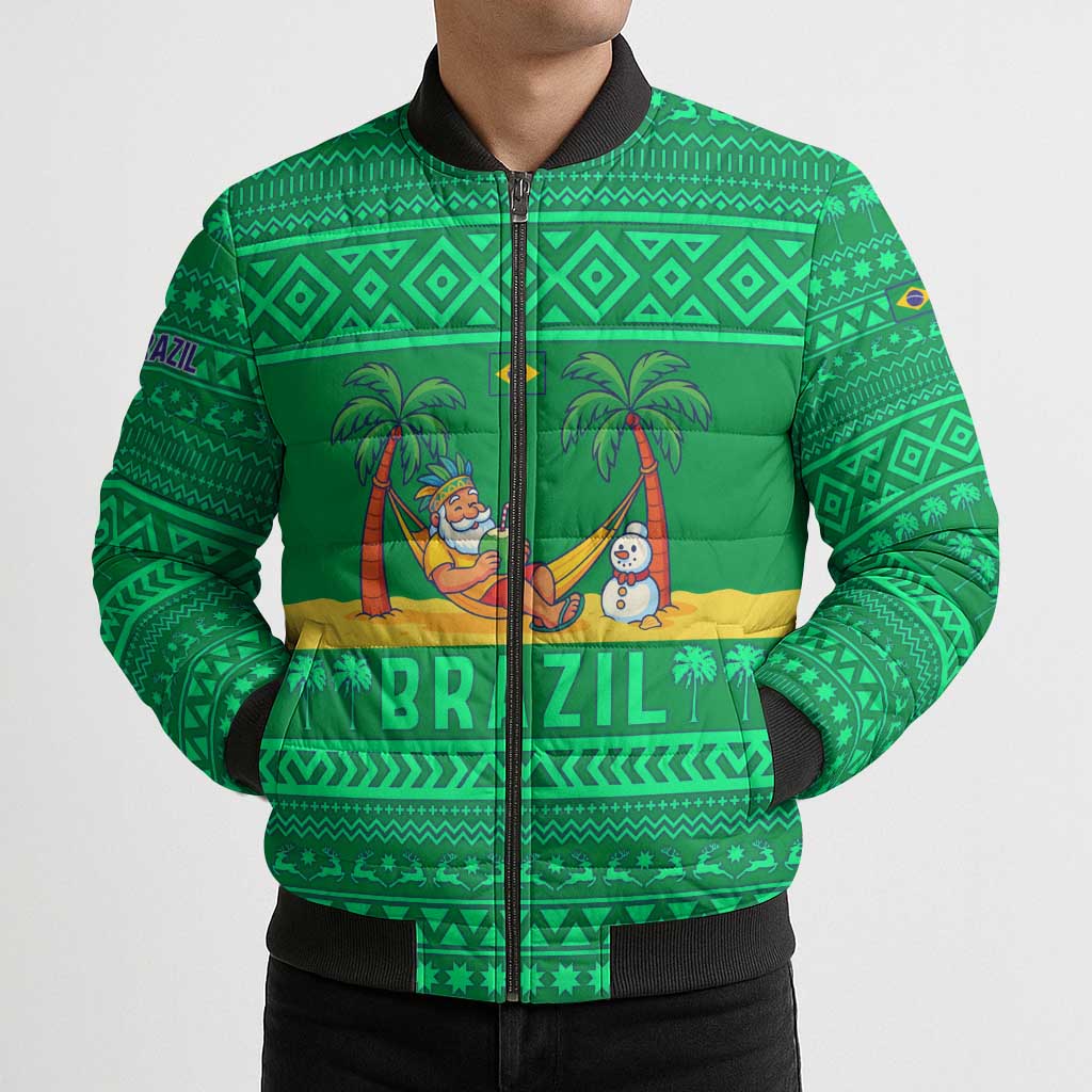 Brazil Christmas Bomber Puffer Jacket with Santa Relaxing in Hammock Palm Trees Snowman and Tribal Pattern Design - Wonder Print Shop