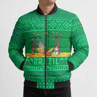 Brazil Christmas Bomber Puffer Jacket with Santa Relaxing in Hammock Palm Trees Snowman and Tribal Pattern Design - Wonder Print Shop
