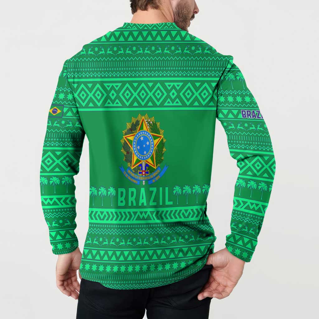 Brazil Christmas Button Sweatshirt with Santa Relaxing in Hammock Palm Trees Snowman and Tribal Pattern Design - Wonder Print Shop