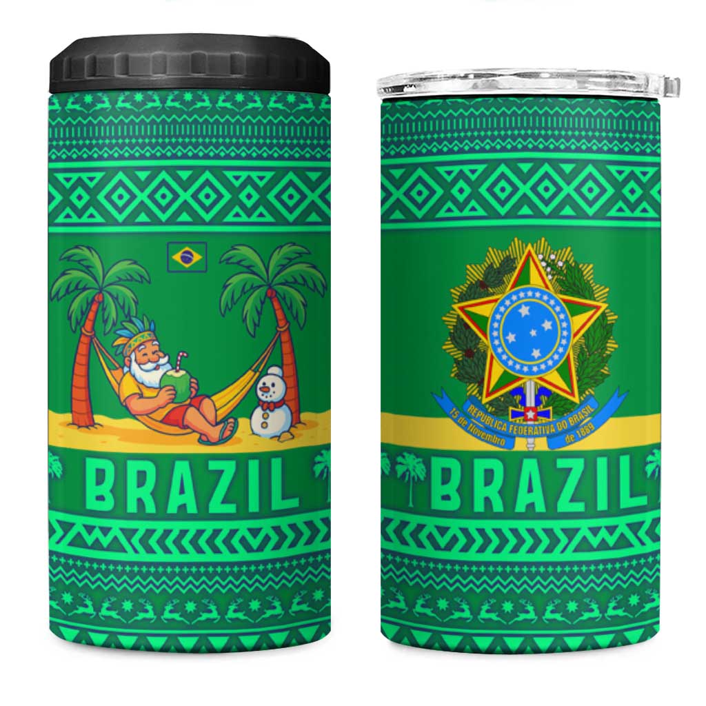 Brazil Christmas 4 in 1 Can Cooler Tumbler with Santa Relaxing in Hammock Palm Trees Snowman and Tribal Pattern Design - Wonder Print Shop