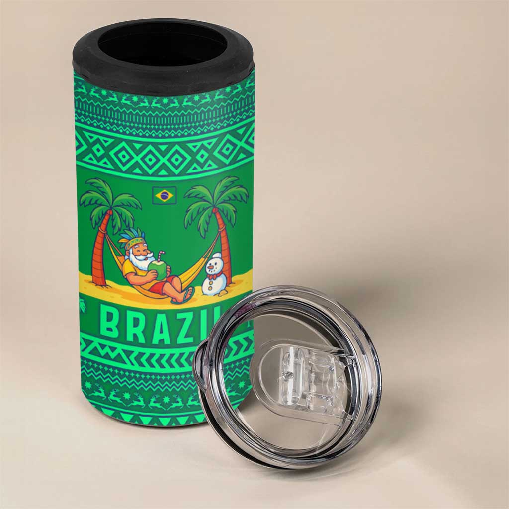 Brazil Christmas 4 in 1 Can Cooler Tumbler with Santa Relaxing in Hammock Palm Trees Snowman and Tribal Pattern Design - Wonder Print Shop