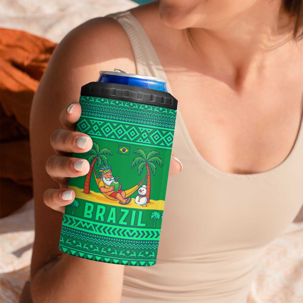 Brazil Christmas 4 in 1 Can Cooler Tumbler with Santa Relaxing in Hammock Palm Trees Snowman and Tribal Pattern Design - Wonder Print Shop