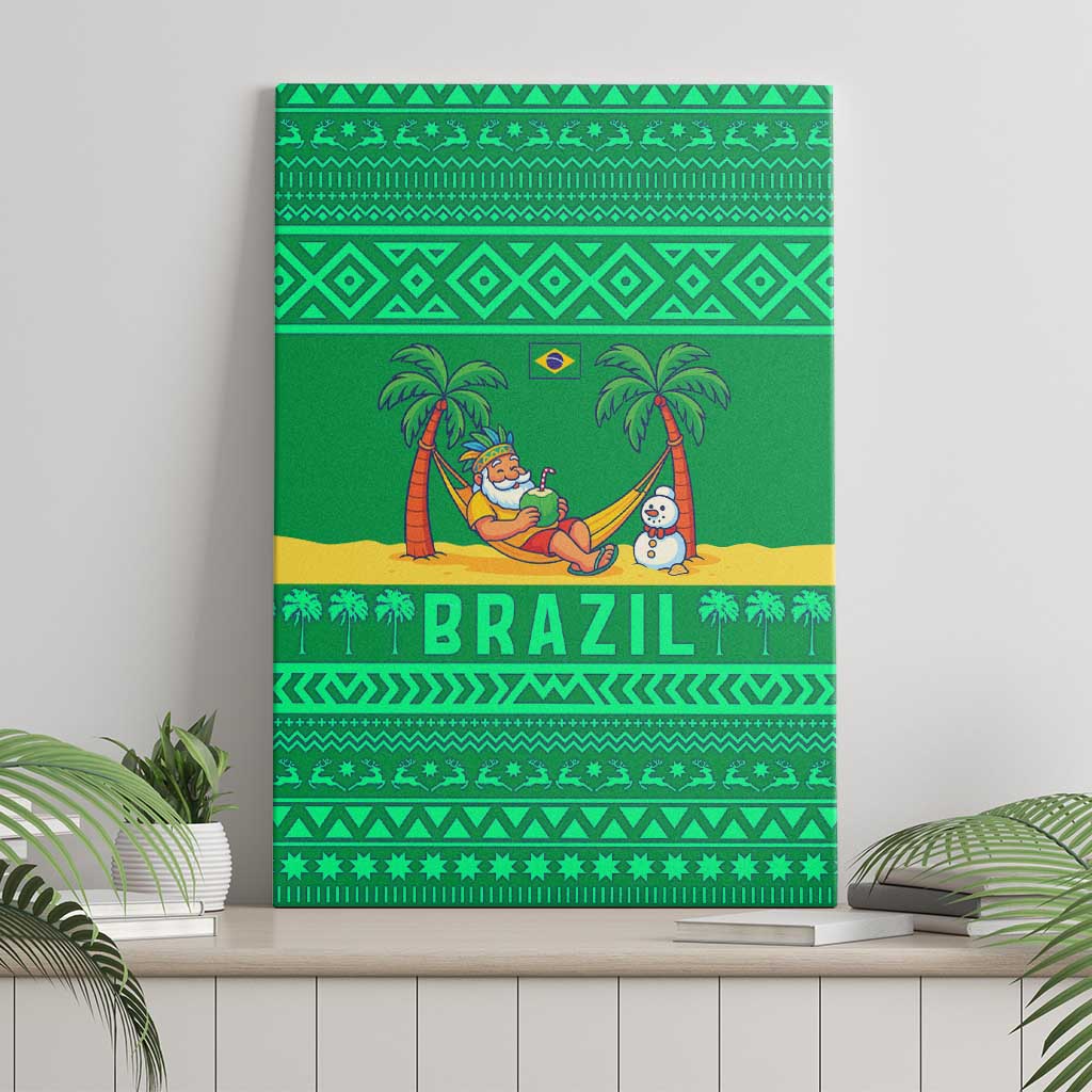 Brazil Christmas Canvas Wall Art with Santa Relaxing in Hammock Palm Trees Snowman and Tribal Pattern Design - Wonder Print Shop