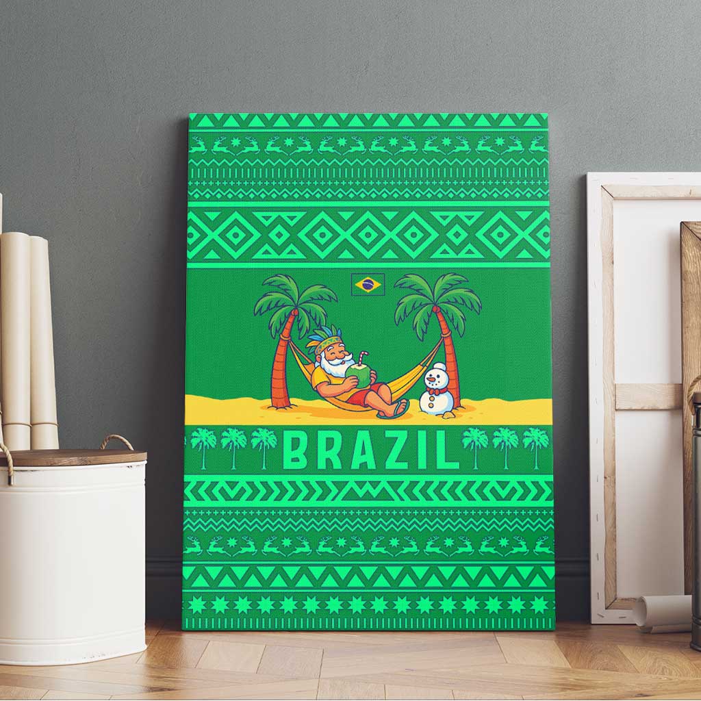 Brazil Christmas Canvas Wall Art with Santa Relaxing in Hammock Palm Trees Snowman and Tribal Pattern Design - Wonder Print Shop