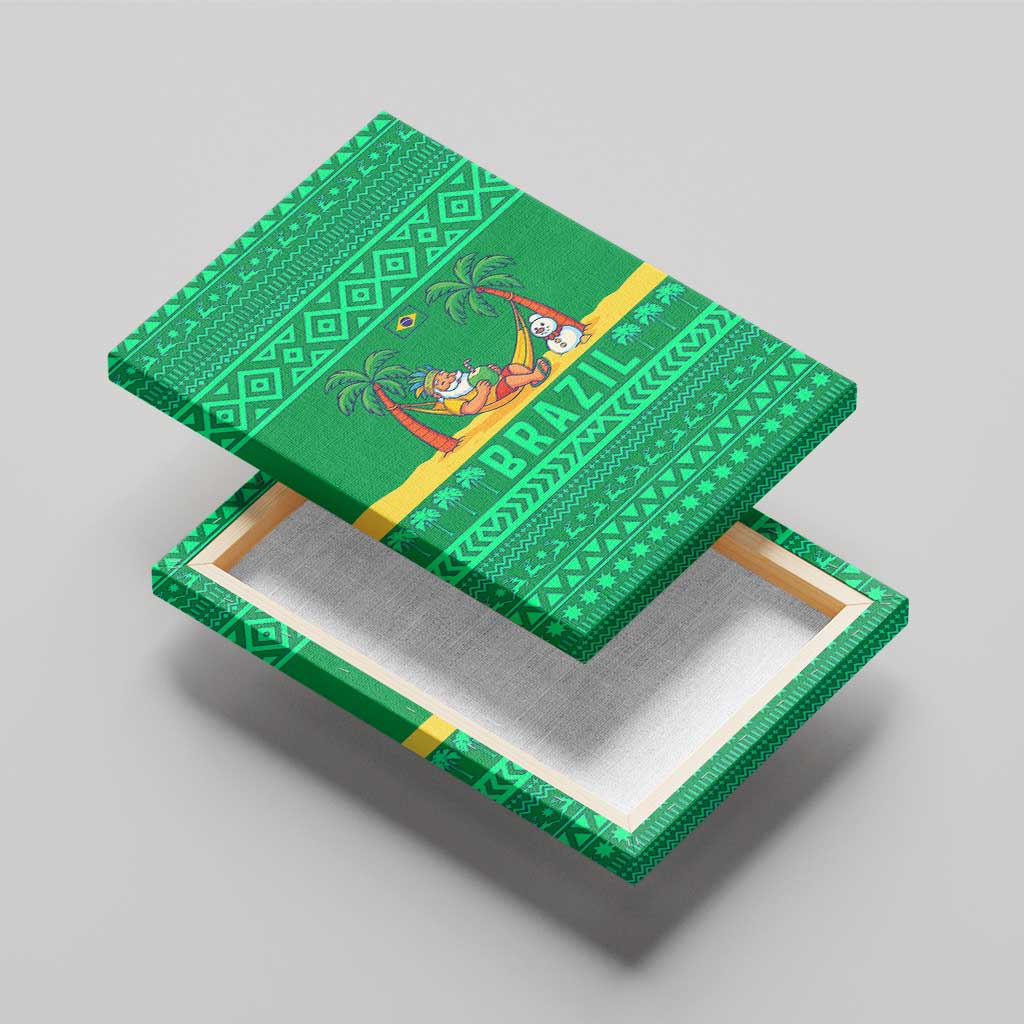 Brazil Christmas Canvas Wall Art with Santa Relaxing in Hammock Palm Trees Snowman and Tribal Pattern Design - Wonder Print Shop