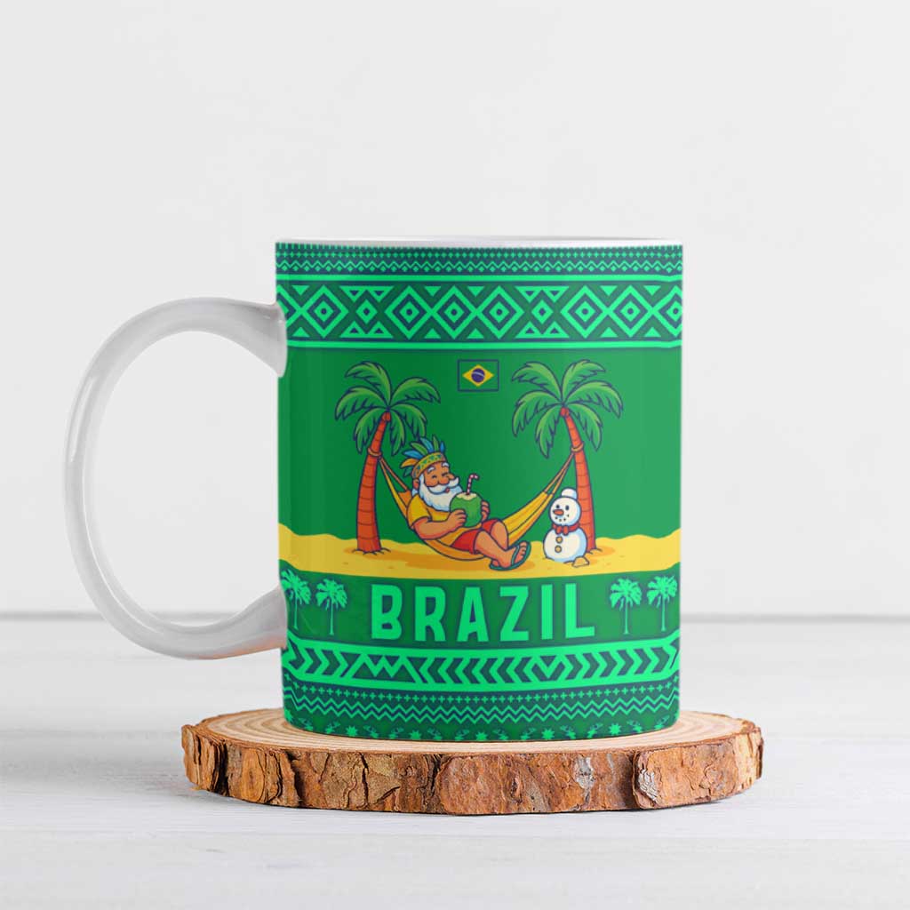 Brazil Christmas Ceramic Mug with Santa Relaxing in Hammock Palm Trees Snowman and Tribal Pattern Design - Wonder Print Shop