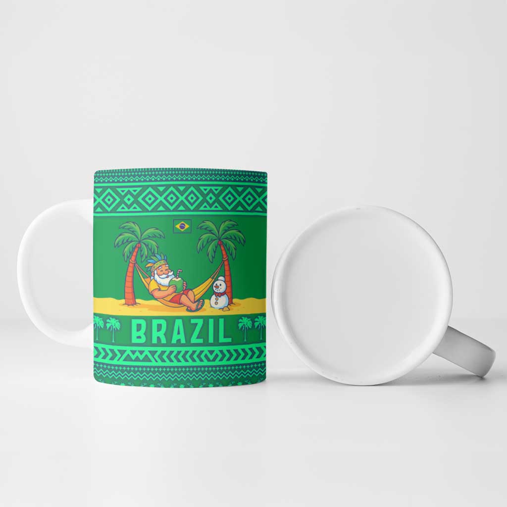Brazil Christmas Ceramic Mug with Santa Relaxing in Hammock Palm Trees Snowman and Tribal Pattern Design - Wonder Print Shop