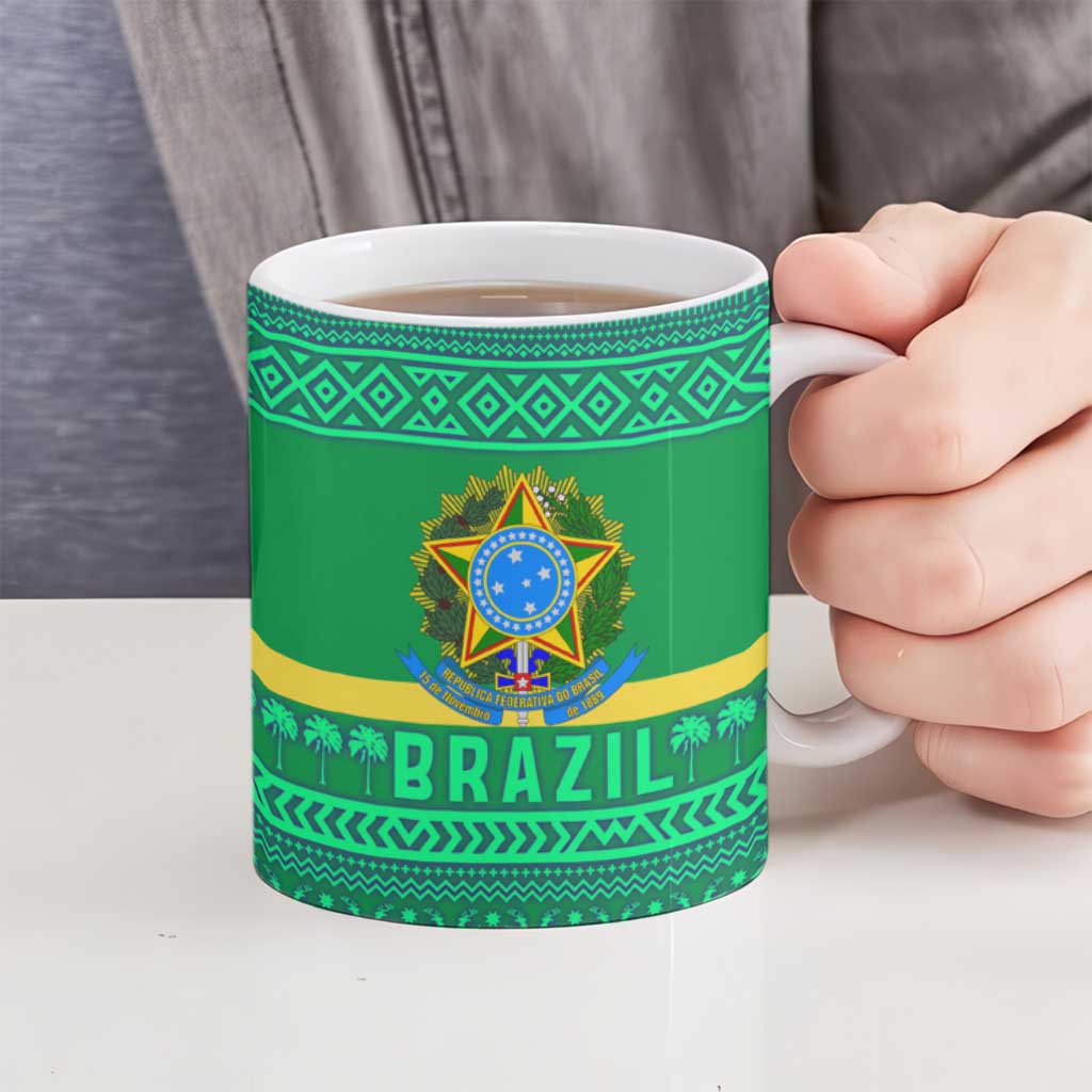 Brazil Christmas Ceramic Mug with Santa Relaxing in Hammock Palm Trees Snowman and Tribal Pattern Design - Wonder Print Shop