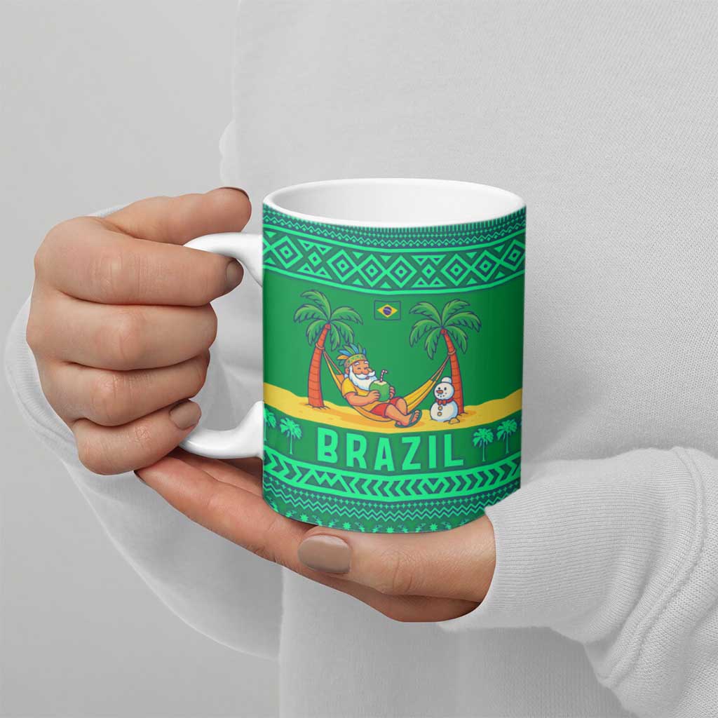Brazil Christmas Ceramic Mug with Santa Relaxing in Hammock Palm Trees Snowman and Tribal Pattern Design - Wonder Print Shop
