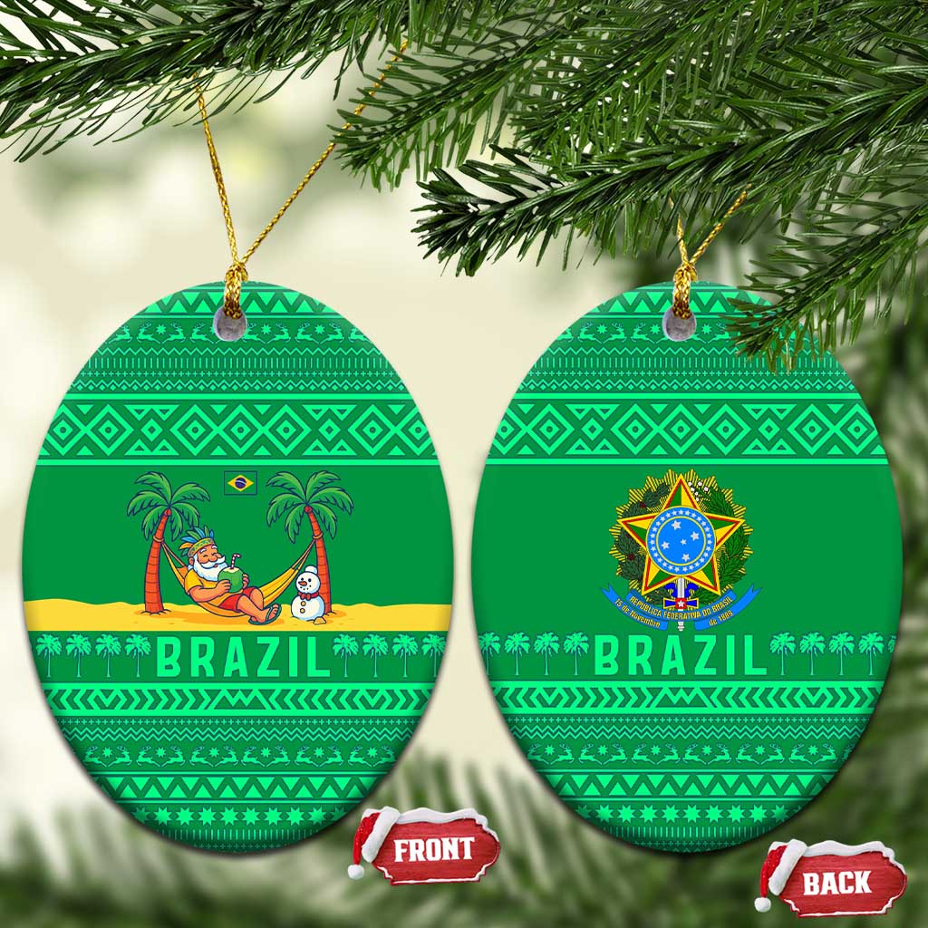 Brazil Christmas Ceramic Ornament with Santa Relaxing in Hammock Palm Trees Snowman and Tribal Pattern Design - Wonder Print Shop