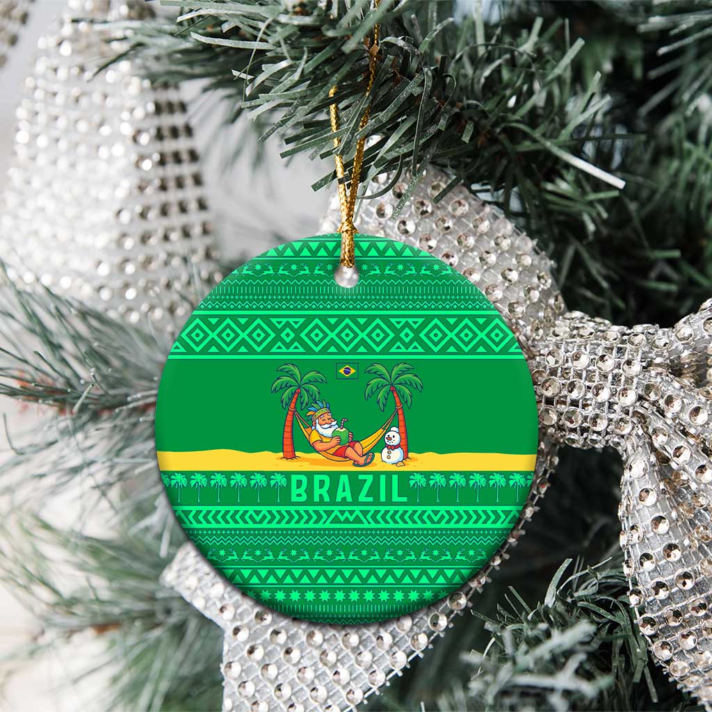 Brazil Christmas Ceramic Ornament with Santa Relaxing in Hammock Palm Trees Snowman and Tribal Pattern Design - Wonder Print Shop