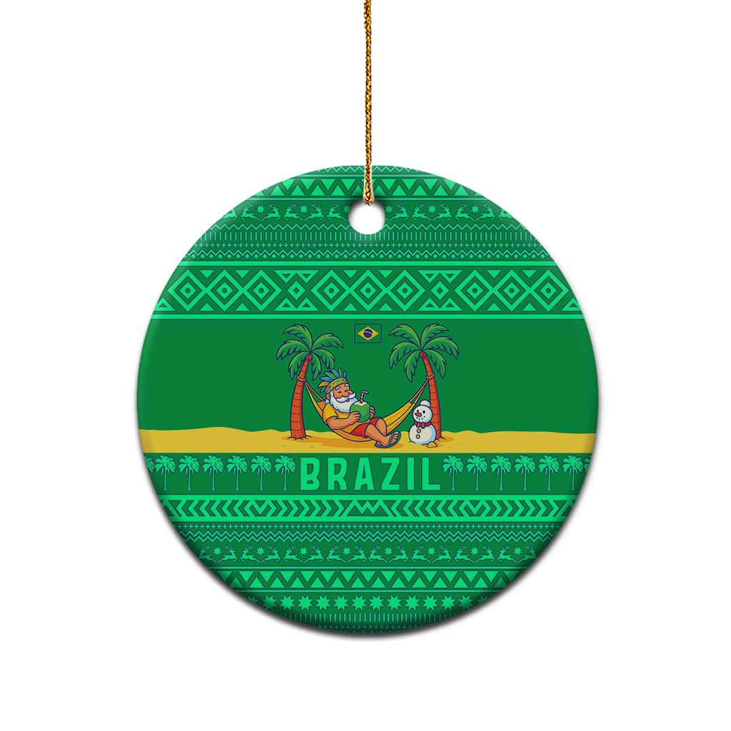 Brazil Christmas Ceramic Ornament with Santa Relaxing in Hammock Palm Trees Snowman and Tribal Pattern Design - Wonder Print Shop