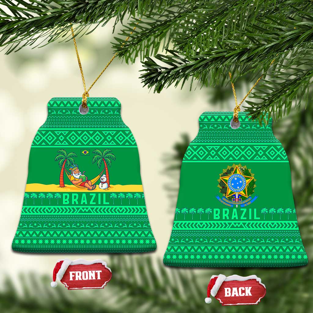 Brazil Christmas Ceramic Ornament with Santa Relaxing in Hammock Palm Trees Snowman and Tribal Pattern Design - Wonder Print Shop