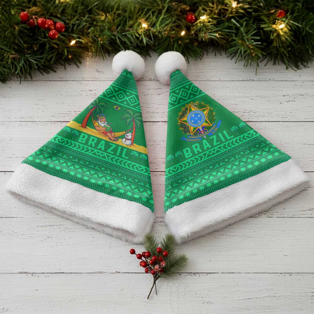 Brazil Christmas Santa Hat with Santa Relaxing in Hammock Palm Trees Snowman and Tribal Pattern Design - Wonder Print Shop