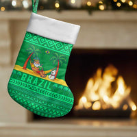 Brazil Christmas Stocking with Santa Relaxing in Hammock Palm Trees Snowman and Tribal Pattern Design - Wonder Print Shop