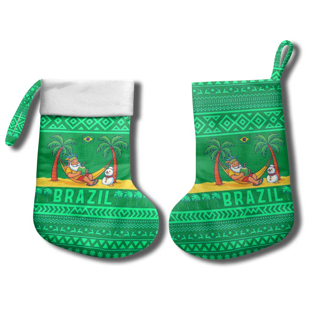 Brazil Christmas Stocking with Santa Relaxing in Hammock Palm Trees Snowman and Tribal Pattern Design - Wonder Print Shop