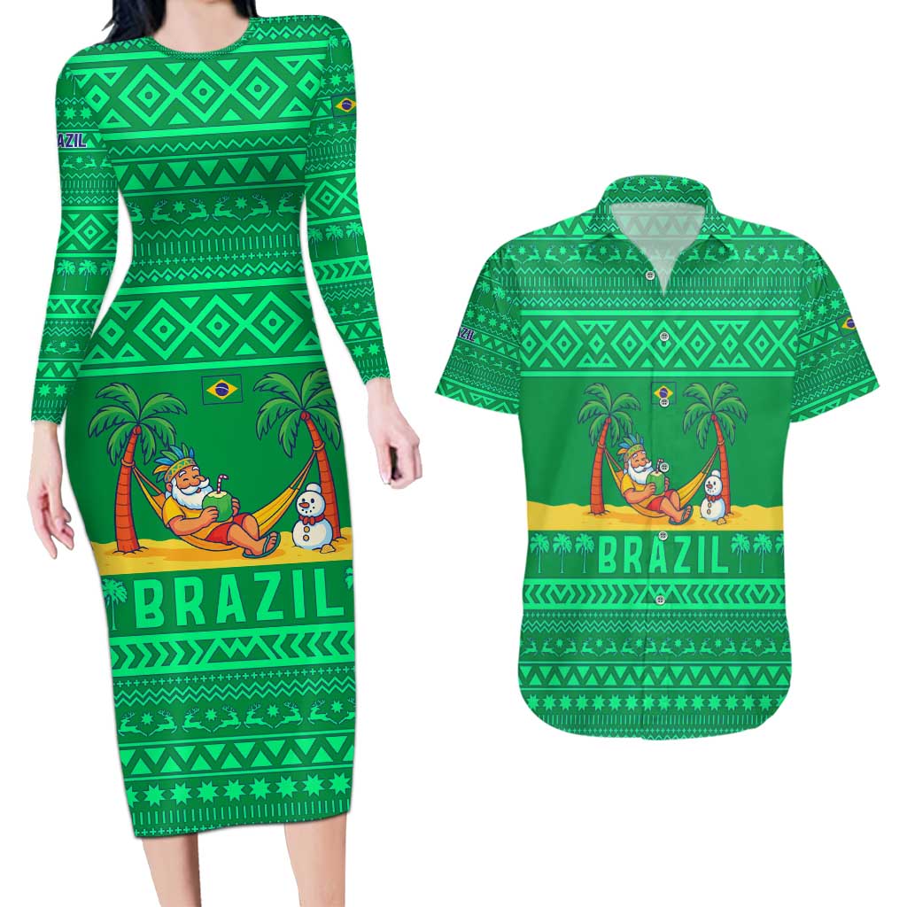 Brazil Christmas Couples Matching Long Sleeve Bodycon Dress and Hawaiian Shirt with Santa Relaxing in Hammock Palm Trees Snowman and Tribal Pattern Design - Wonder Print Shop