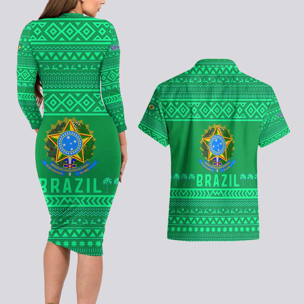 Brazil Christmas Couples Matching Long Sleeve Bodycon Dress and Hawaiian Shirt with Santa Relaxing in Hammock Palm Trees Snowman and Tribal Pattern Design - Wonder Print Shop