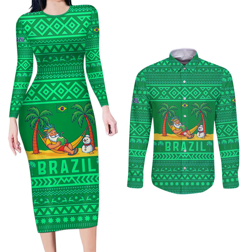 Brazil Christmas Couples Matching Long Sleeve Bodycon Dress and Long Sleeve Button Shirt with Santa Relaxing in Hammock Palm Trees Snowman and Tribal Pattern Design - Wonder Print Shop
