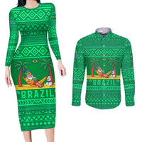 Brazil Christmas Couples Matching Long Sleeve Bodycon Dress and Long Sleeve Button Shirt with Santa Relaxing in Hammock Palm Trees Snowman and Tribal Pattern Design - Wonder Print Shop