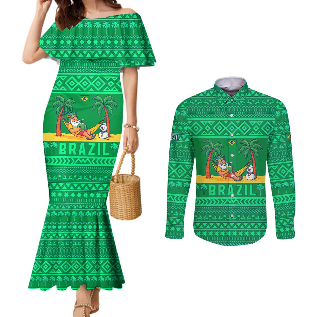 Brazil Christmas Couples Matching Mermaid Dress and Long Sleeve Button Shirt with Santa Relaxing in Hammock Palm Trees Snowman and Tribal Pattern Design - Wonder Print Shop
