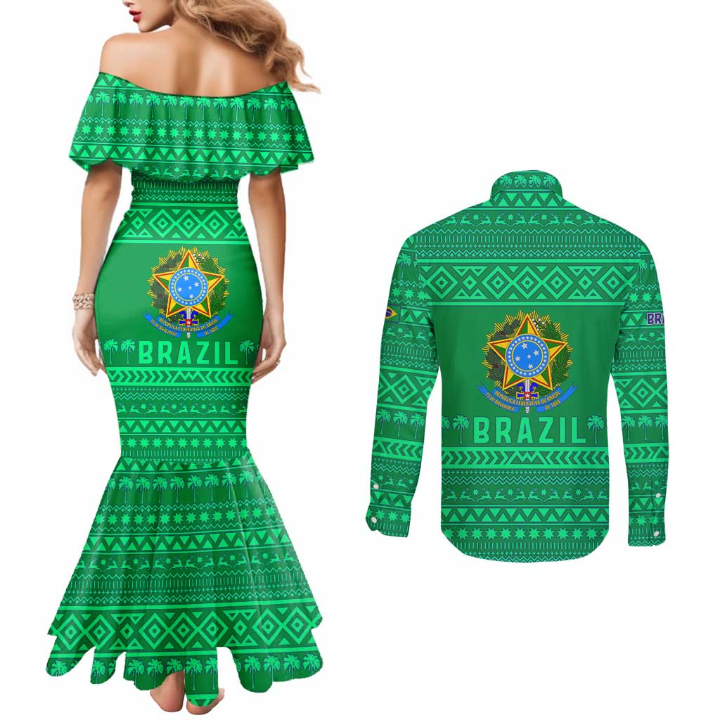 Brazil Christmas Couples Matching Mermaid Dress and Long Sleeve Button Shirt with Santa Relaxing in Hammock Palm Trees Snowman and Tribal Pattern Design - Wonder Print Shop