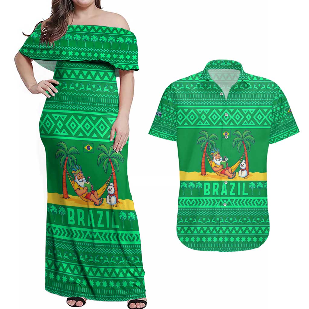 Brazil Christmas Couples Matching Off Shoulder Maxi Dress and Hawaiian Shirt with Santa Relaxing in Hammock Palm Trees Snowman and Tribal Pattern Design - Wonder Print Shop