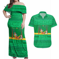 Brazil Christmas Couples Matching Off Shoulder Maxi Dress and Hawaiian Shirt with Santa Relaxing in Hammock Palm Trees Snowman and Tribal Pattern Design - Wonder Print Shop