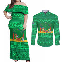 Brazil Christmas Couples Matching Off Shoulder Maxi Dress and Long Sleeve Button Shirt with Santa Relaxing in Hammock Palm Trees Snowman and Tribal Pattern Design - Wonder Print Shop