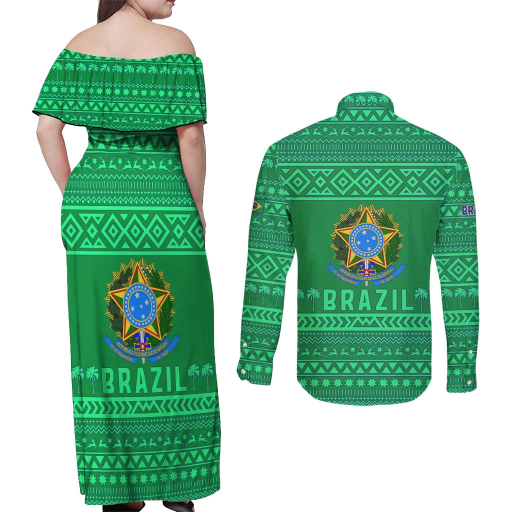 Brazil Christmas Couples Matching Off Shoulder Maxi Dress and Long Sleeve Button Shirt with Santa Relaxing in Hammock Palm Trees Snowman and Tribal Pattern Design - Wonder Print Shop