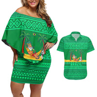 Brazil Christmas Couples Matching Off Shoulder Short Dress and Hawaiian Shirt with Santa Relaxing in Hammock Palm Trees Snowman and Tribal Pattern Design - Wonder Print Shop