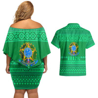 Brazil Christmas Couples Matching Off Shoulder Short Dress and Hawaiian Shirt with Santa Relaxing in Hammock Palm Trees Snowman and Tribal Pattern Design - Wonder Print Shop