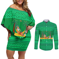 Brazil Christmas Couples Matching Off Shoulder Short Dress and Long Sleeve Button Shirt with Santa Relaxing in Hammock Palm Trees Snowman and Tribal Pattern Design - Wonder Print Shop
