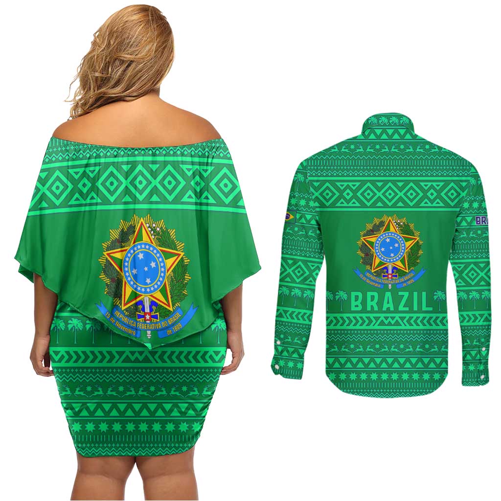 Brazil Christmas Couples Matching Off Shoulder Short Dress and Long Sleeve Button Shirt with Santa Relaxing in Hammock Palm Trees Snowman and Tribal Pattern Design - Wonder Print Shop
