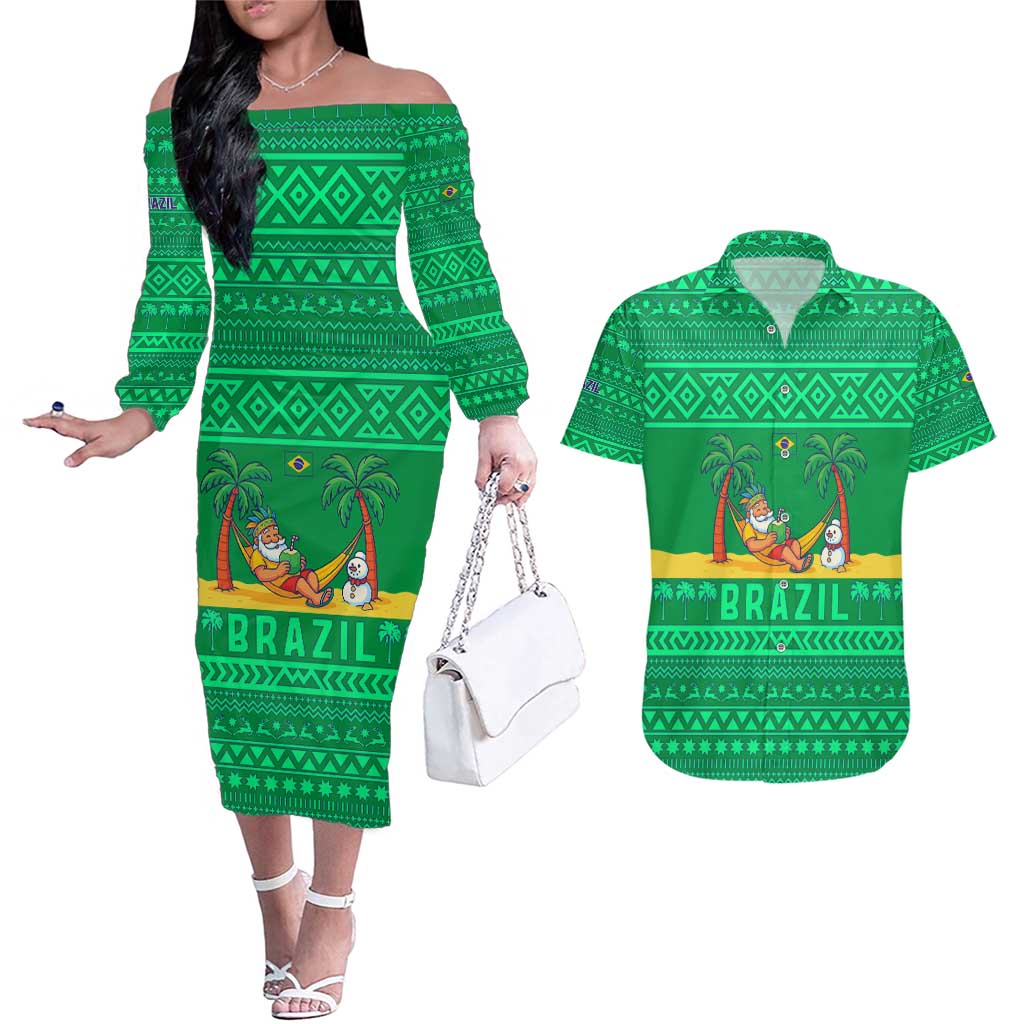 Brazil Christmas Couples Matching Off The Shoulder Long Sleeve Dress and Hawaiian Shirt with Santa Relaxing in Hammock Palm Trees Snowman and Tribal Pattern Design - Wonder Print Shop