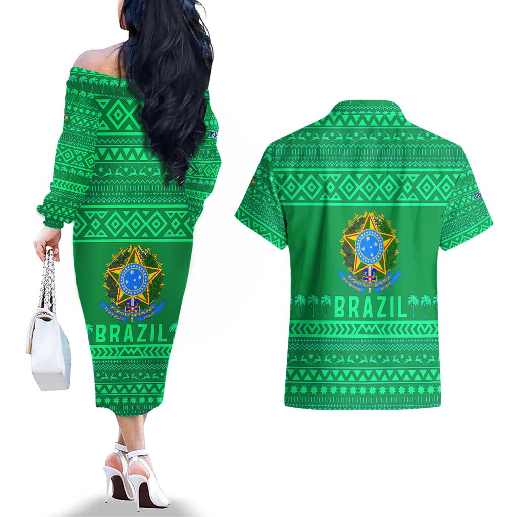 Brazil Christmas Couples Matching Off The Shoulder Long Sleeve Dress and Hawaiian Shirt with Santa Relaxing in Hammock Palm Trees Snowman and Tribal Pattern Design - Wonder Print Shop