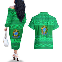 Brazil Christmas Couples Matching Off The Shoulder Long Sleeve Dress and Hawaiian Shirt with Santa Relaxing in Hammock Palm Trees Snowman and Tribal Pattern Design - Wonder Print Shop