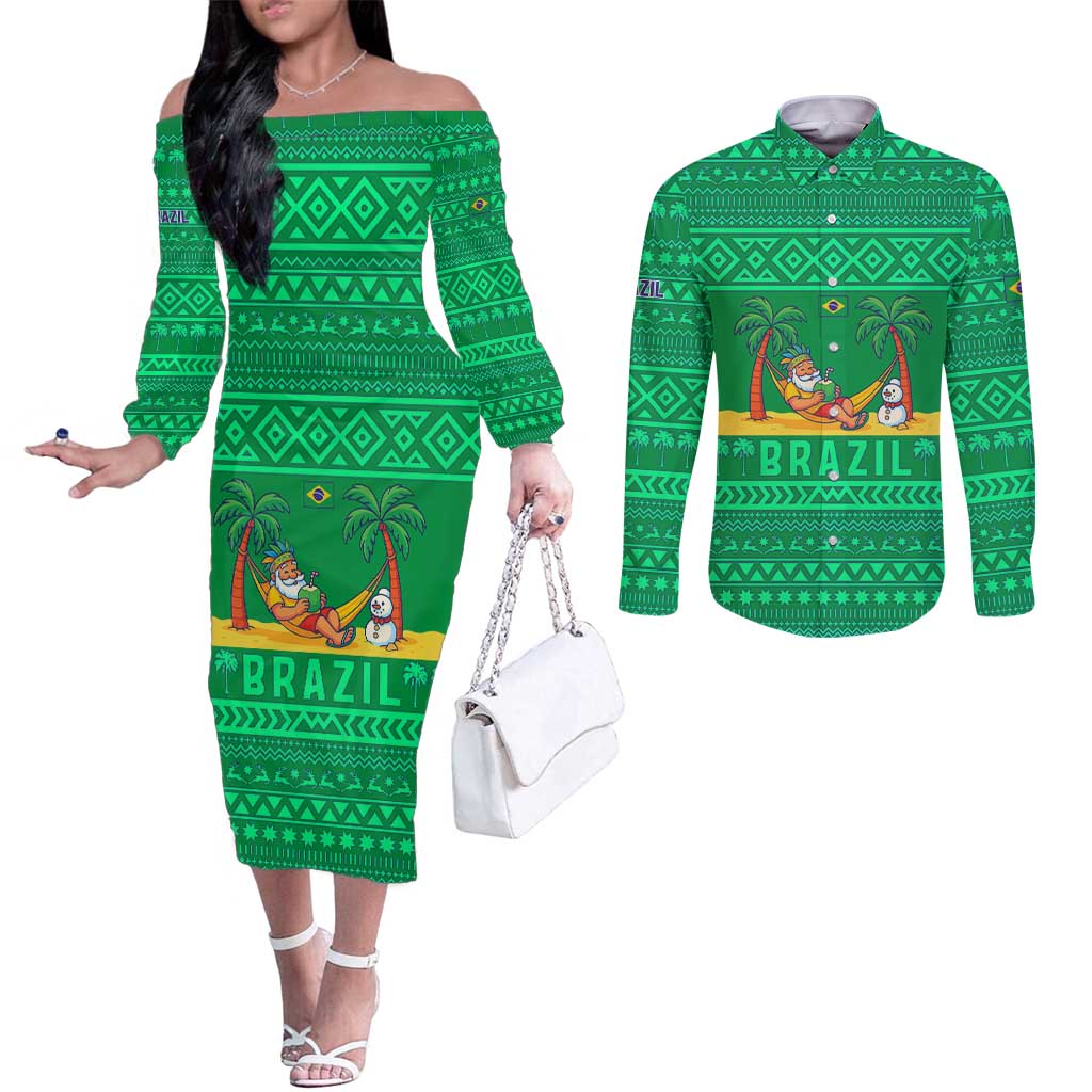 Brazil Christmas Couples Matching Off The Shoulder Long Sleeve Dress and Long Sleeve Button Shirt with Santa Relaxing in Hammock Palm Trees Snowman and Tribal Pattern Design - Wonder Print Shop
