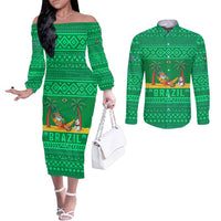 Brazil Christmas Couples Matching Off The Shoulder Long Sleeve Dress and Long Sleeve Button Shirt with Santa Relaxing in Hammock Palm Trees Snowman and Tribal Pattern Design - Wonder Print Shop