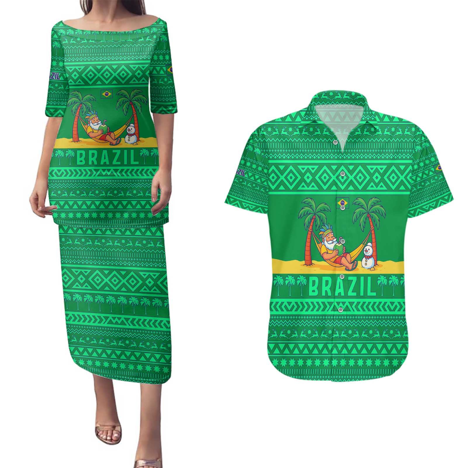 Brazil Christmas Couples Matching Puletasi and Hawaiian Shirt with Santa Relaxing in Hammock Palm Trees Snowman and Tribal Pattern Design - Wonder Print Shop