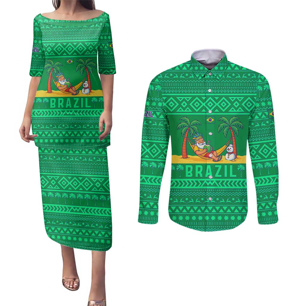 Brazil Christmas Couples Matching Puletasi and Long Sleeve Button Shirt with Santa Relaxing in Hammock Palm Trees Snowman and Tribal Pattern Design - Wonder Print Shop