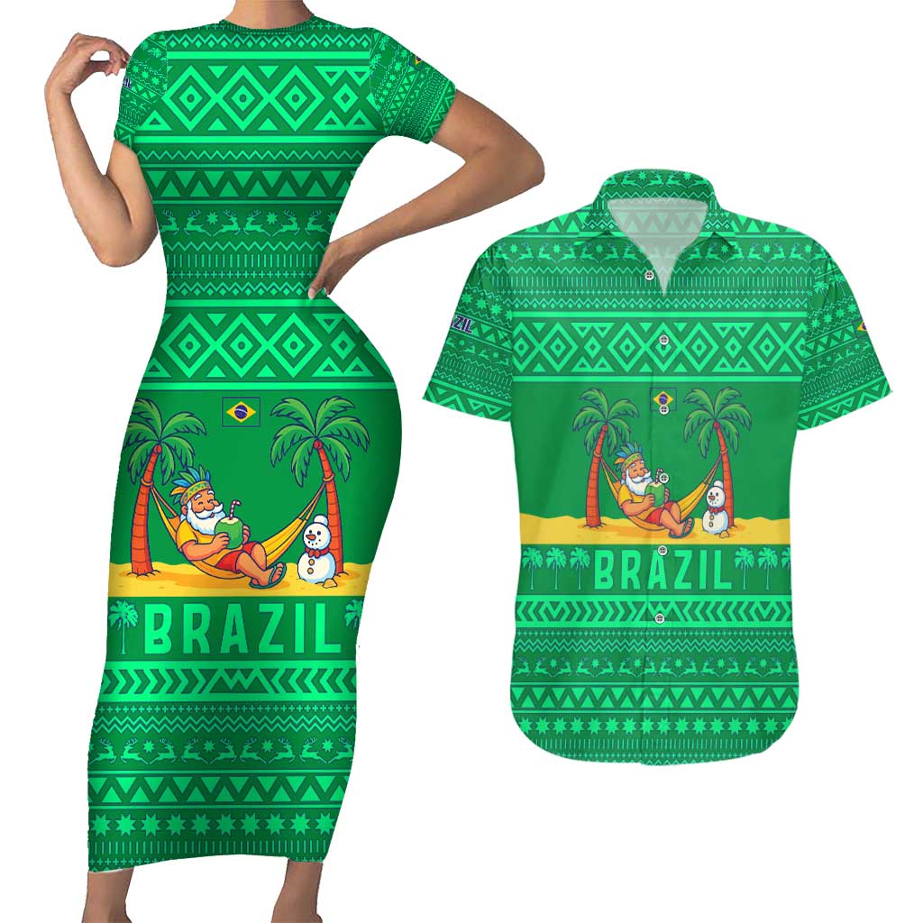 Brazil Christmas Couples Matching Short Sleeve Bodycon Dress and Hawaiian Shirt with Santa Relaxing in Hammock Palm Trees Snowman and Tribal Pattern Design - Wonder Print Shop