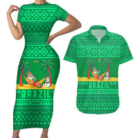 Brazil Christmas Couples Matching Short Sleeve Bodycon Dress and Hawaiian Shirt with Santa Relaxing in Hammock Palm Trees Snowman and Tribal Pattern Design - Wonder Print Shop