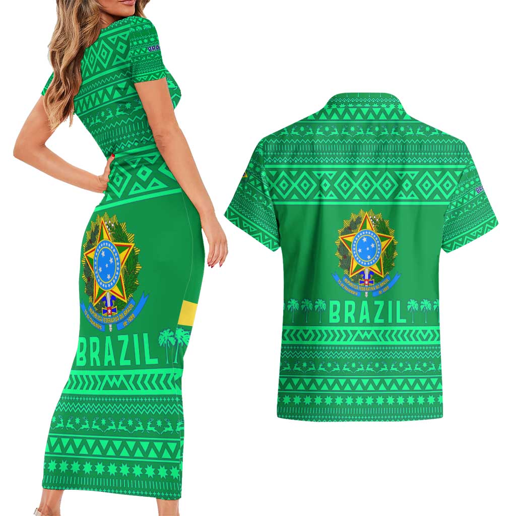 Brazil Christmas Couples Matching Short Sleeve Bodycon Dress and Hawaiian Shirt with Santa Relaxing in Hammock Palm Trees Snowman and Tribal Pattern Design - Wonder Print Shop