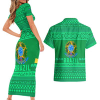 Brazil Christmas Couples Matching Short Sleeve Bodycon Dress and Hawaiian Shirt with Santa Relaxing in Hammock Palm Trees Snowman and Tribal Pattern Design - Wonder Print Shop