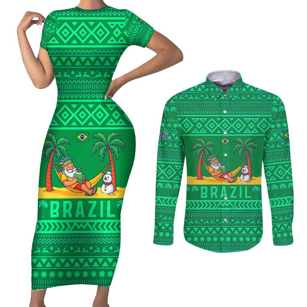 Brazil Christmas Couples Matching Short Sleeve Bodycon Dress and Long Sleeve Button Shirt with Santa Relaxing in Hammock Palm Trees Snowman and Tribal Pattern Design - Wonder Print Shop