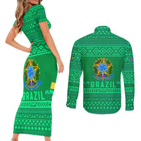 Brazil Christmas Couples Matching Short Sleeve Bodycon Dress and Long Sleeve Button Shirt with Santa Relaxing in Hammock Palm Trees Snowman and Tribal Pattern Design - Wonder Print Shop