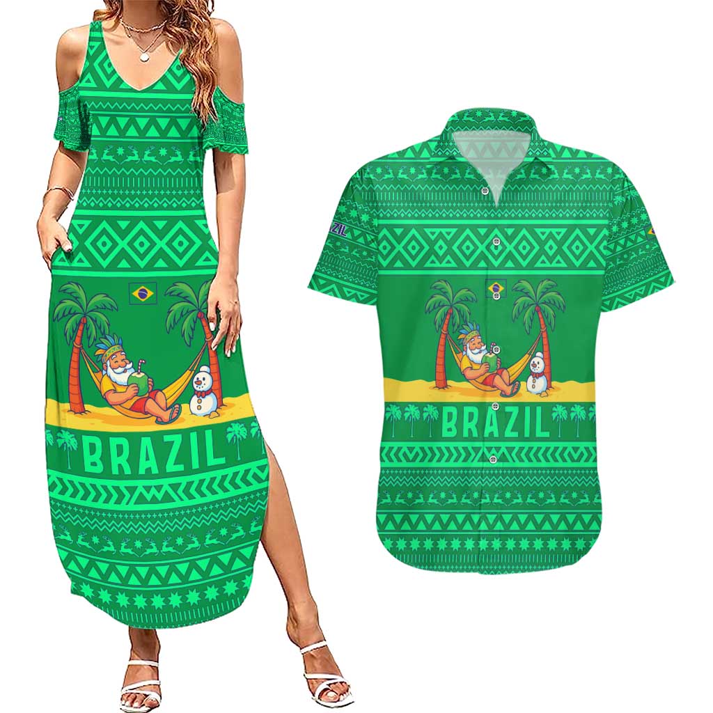 Brazil Christmas Couples Matching Summer Maxi Dress and Hawaiian Shirt with Santa Relaxing in Hammock Palm Trees Snowman and Tribal Pattern Design - Wonder Print Shop